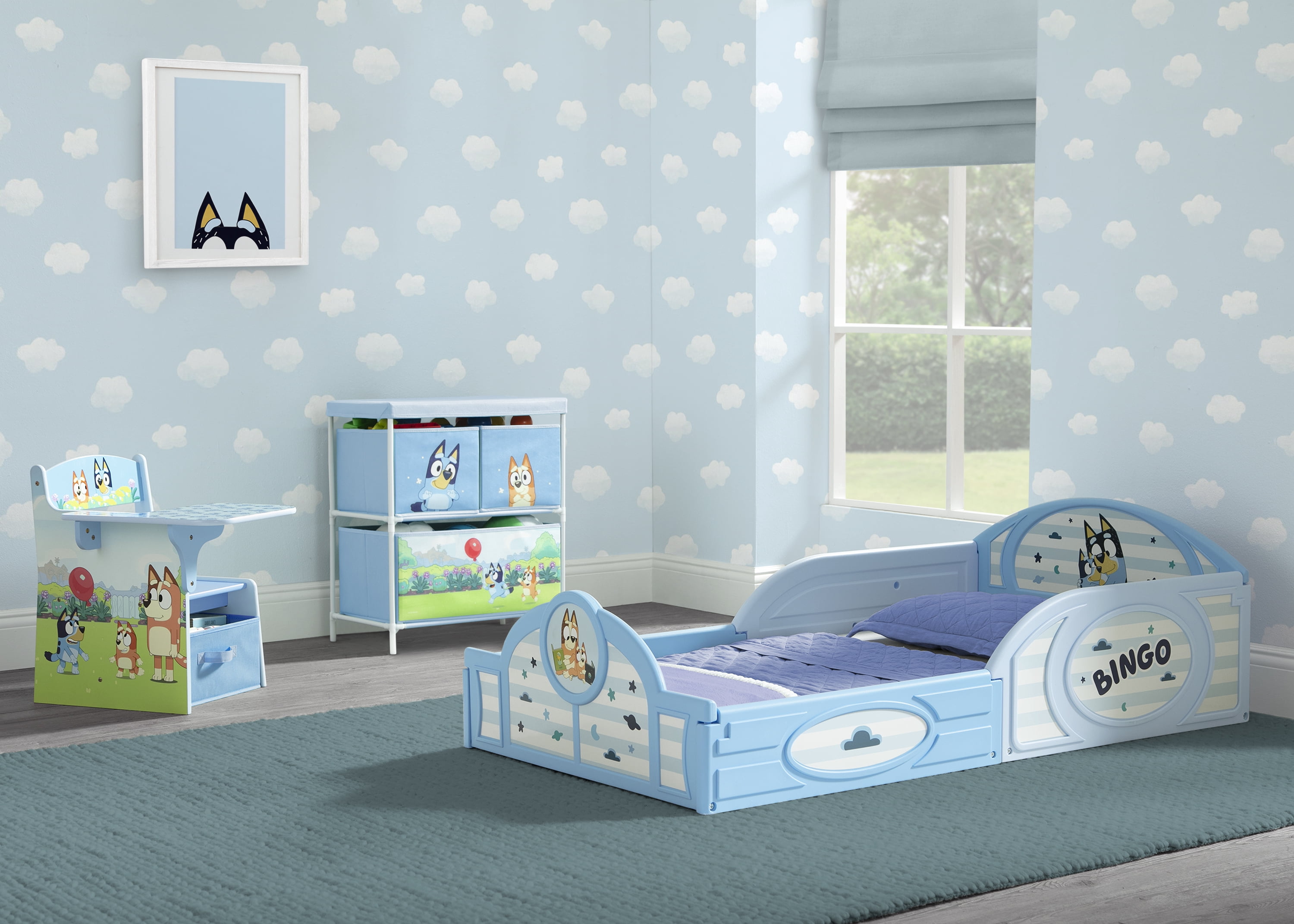 Bluey 3-Piece Toddler Bedroom Set by Delta Children - Includes Toddler Bed, Chair Desk and Toy Organizer, Blue