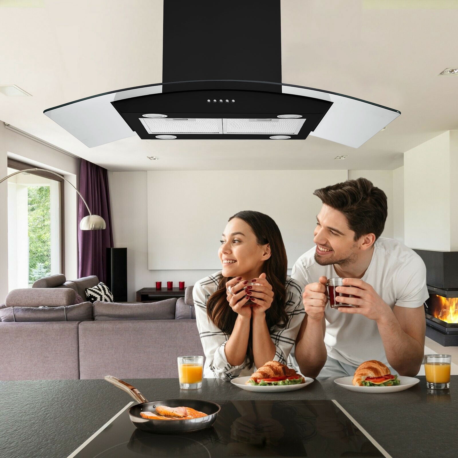 Joeaonz Island Range Hood 30 inch Kitchen 3-Speed Extractor Fan Rangehood Tempered Glass