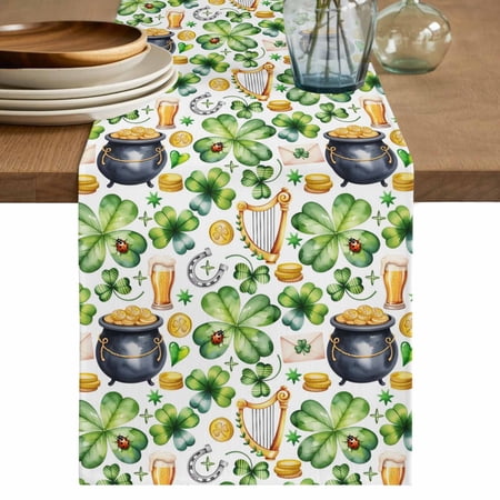 St. Patrick s Day Table Runner 72 Inches Lucky Shamrocks Harp Beer Horseshoes Envelope Bed Runner Dresser Scarves Tabletop for Indoor Outdoor Parties/Ceremony/Banquet 18 x 72