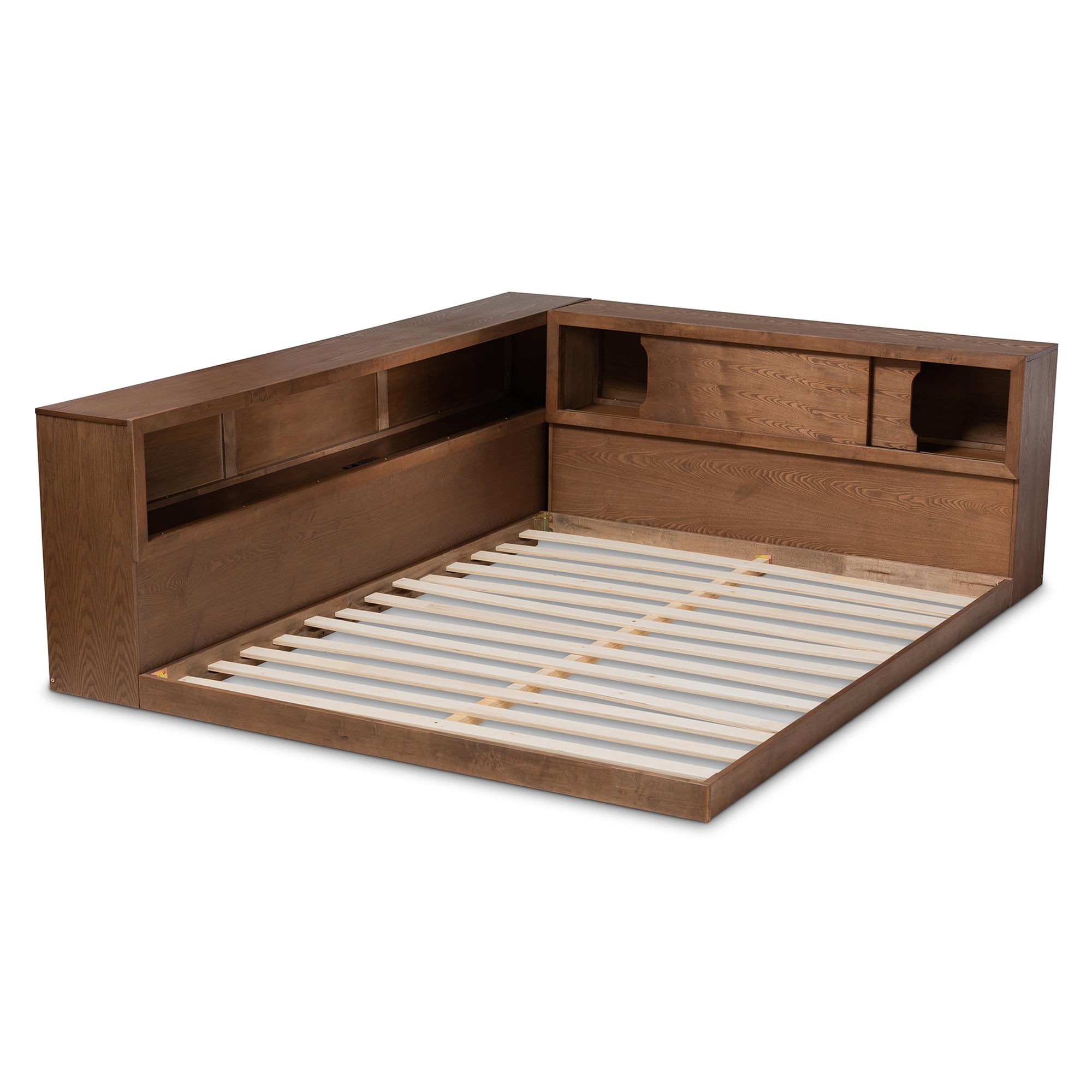 Baxton Studio Erie Modern Rustic Queen Size Platform Bed with Storage and Outlets, Walnut Brown