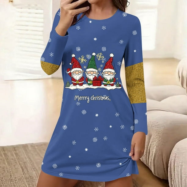 Camisón corto holgado y cómodo con cuello redondo y manga larga estampado para mujer