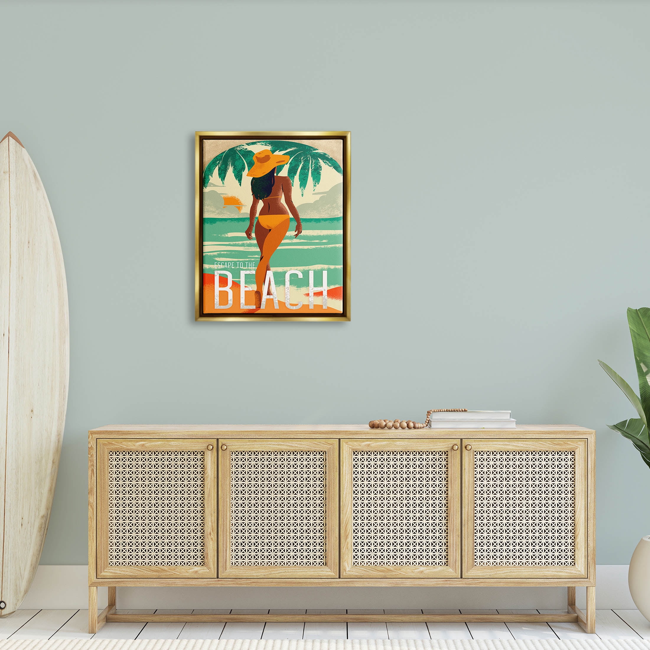 Stupell Industries Escape to Beach Vacation Graphic Art Metallic Gold Floating Framed Canvas Print Wall Art, Design by Ziwei Li
