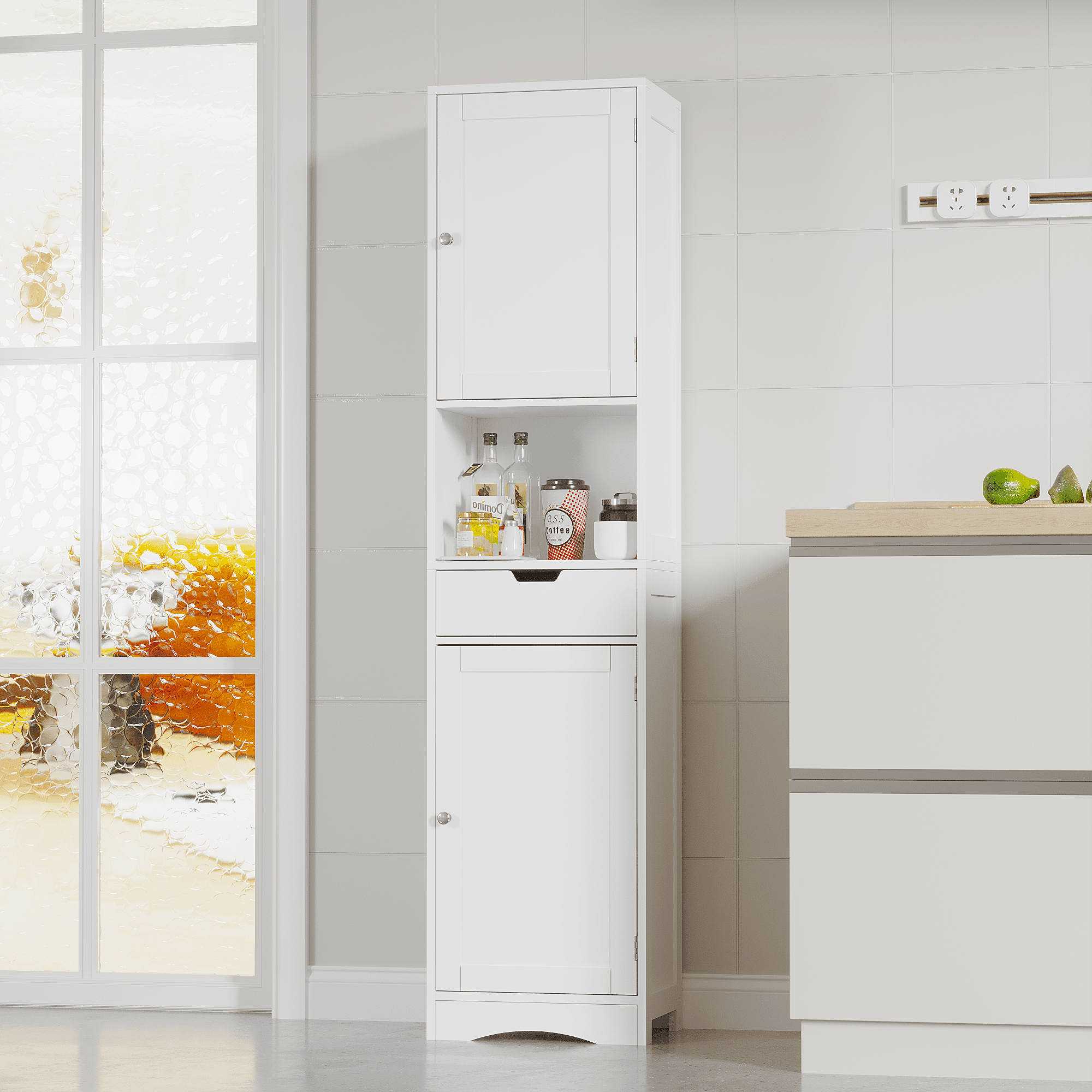 Mintazer 67" Tall Bathroom Storage Cabinet with 2 Doors & Drawer, Freestanding Floor Organizer with Adjustable Shelves for Bathroom & Kitchen, White