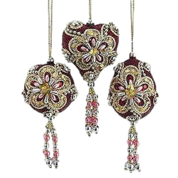 Set of 3 BURGUNDY & PINK Small Floral Beaded Christmas Ornaments by Kurt Adler