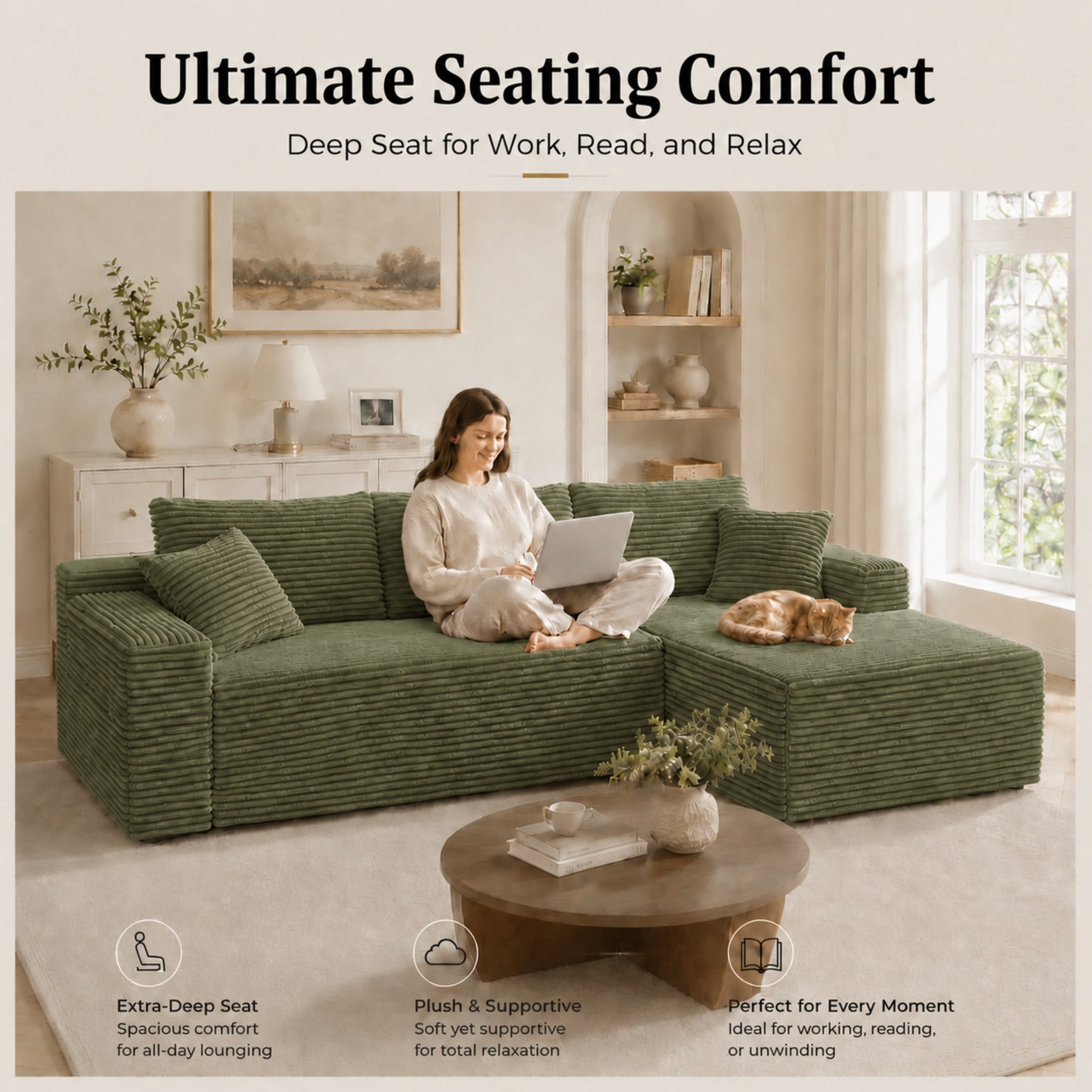 Aenkyo 106 Inch Corduroy L-Shaped Cloud Sectional Sofa with Reversible Chaise, Green