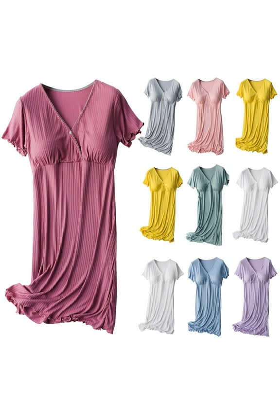 DxhmoneyHX Women's Short Sleeve Nightgown Nursing Dresses V-Neck Maternity Breastfeeding Sleepwear Dress with Padded