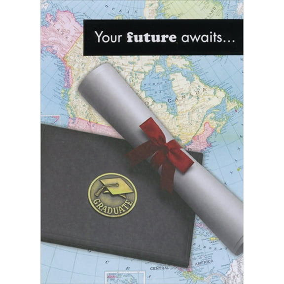 Designer Greetings Your Future Awaits: Diploma Tied With Red Ribbon on Map Graduation Congratulations Card