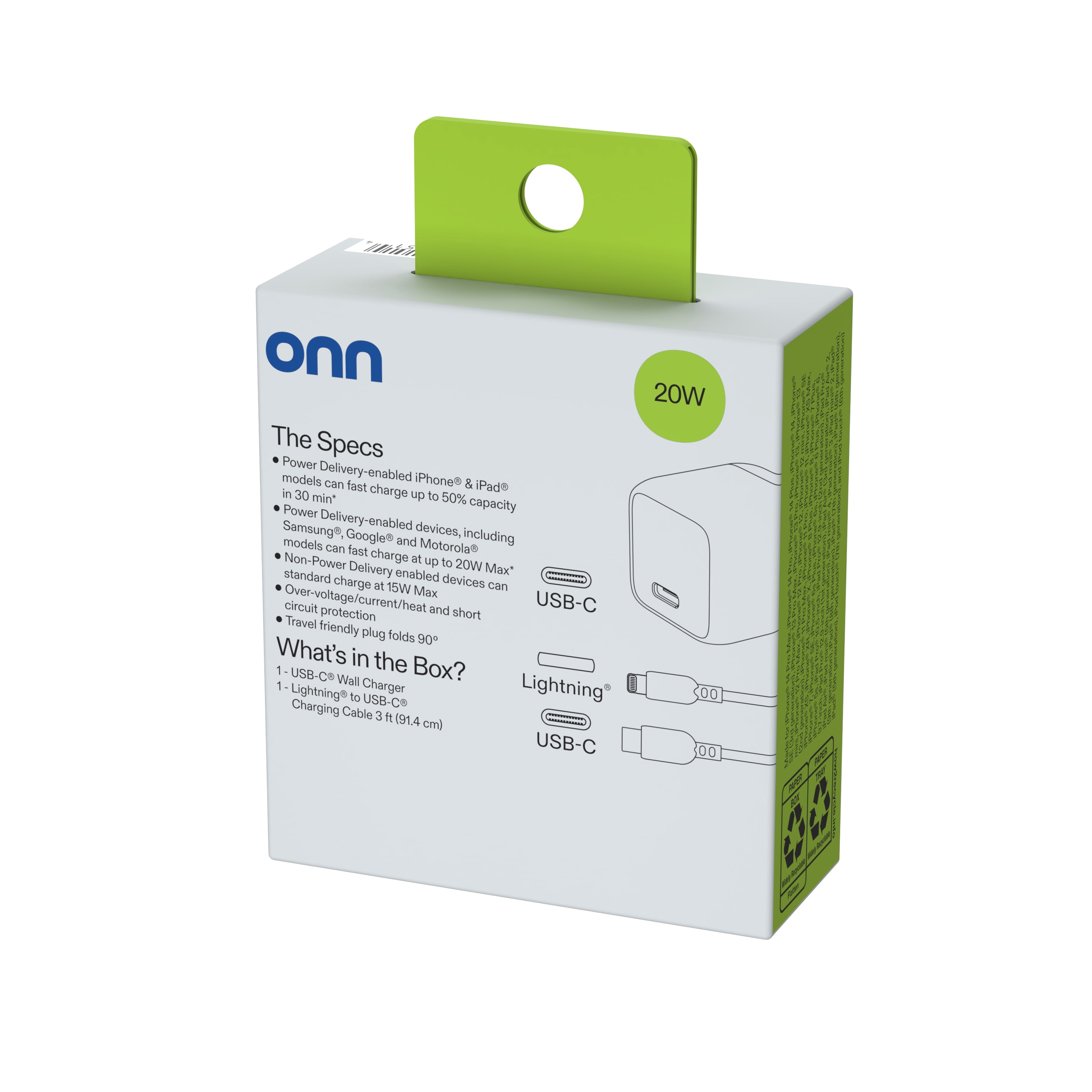 (5 pack) onn 20W Single USB-C Port Wall Charger with 3ft Lighting to C Cable, Fast Charging, MFI & USB-IF Certified, Foldable Plug, White