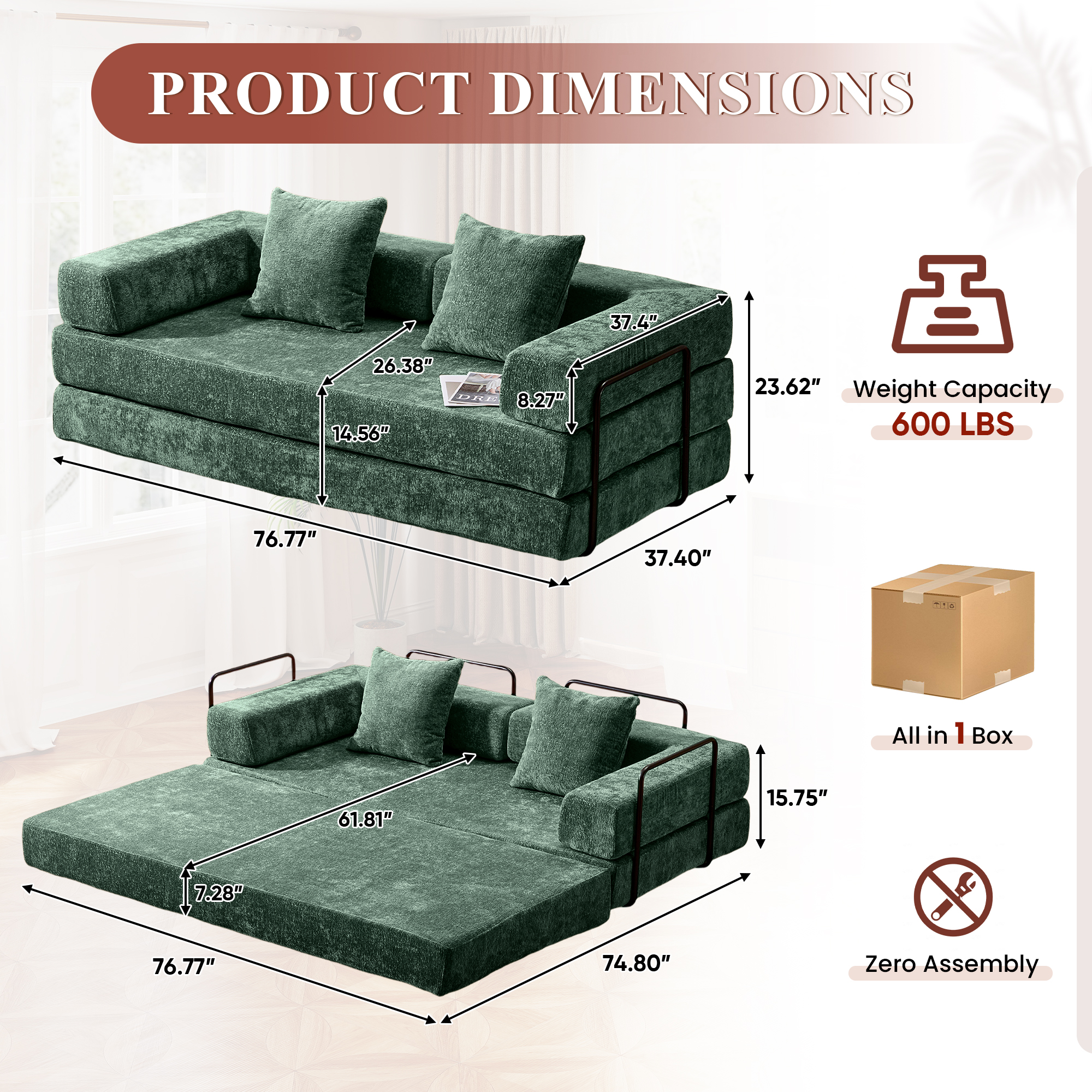 Timbernest 76.8" Folding Sofa Bed, King Size Convertible Sleeper Sofa with 2 Pillows, Chenille Floor Sofa for Living Room, Small Spaces, Dark Green