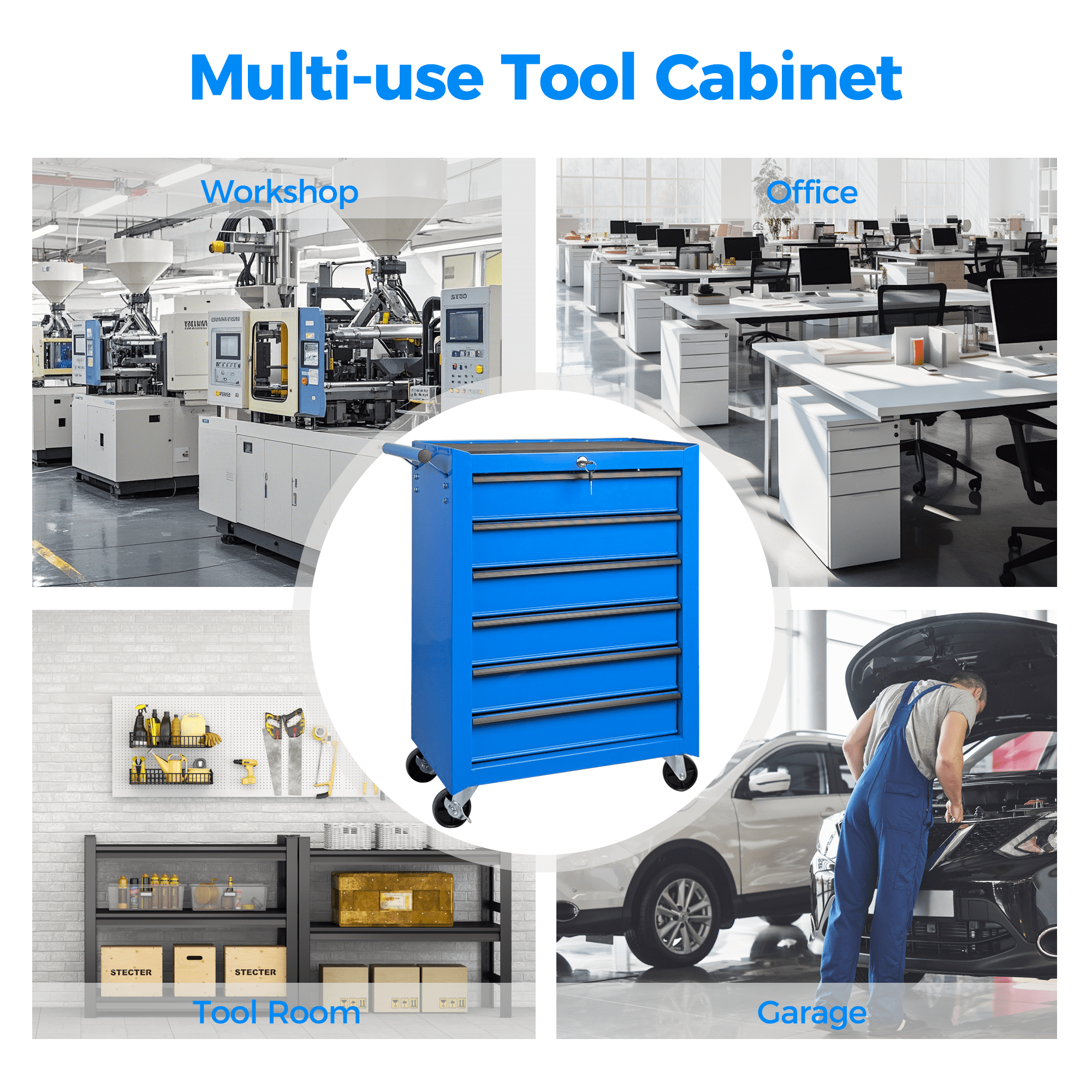 6 Drawer Tool Chest Cabinet with Ball Bearing Drawer Slides,20"W Rolling Metal Tool Chest with 6 Drawers,Steel Tool Storage Box Organizer,Blue