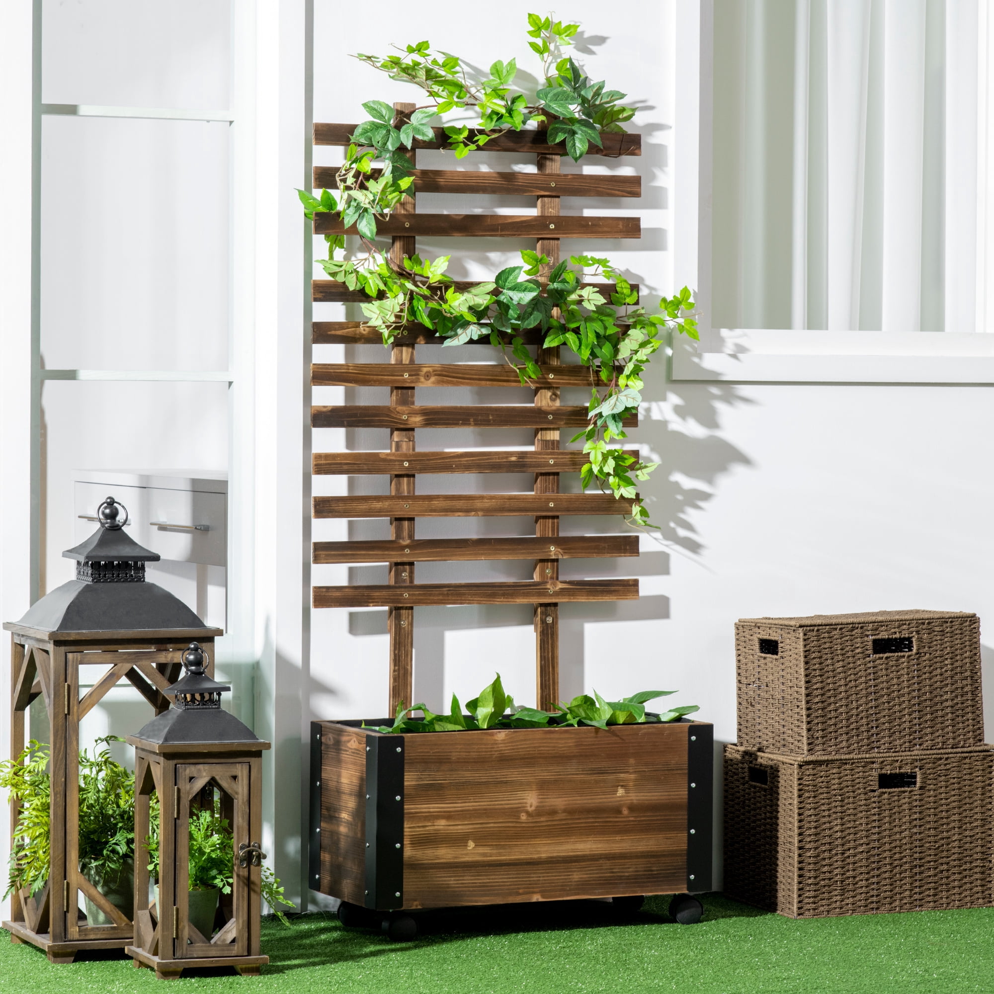 Raised Garden Bed with Trellis, 58" Outdoor Wooden Planter Box with Wheels, for Vine Plants Flowers Climbing and Planting, Brown