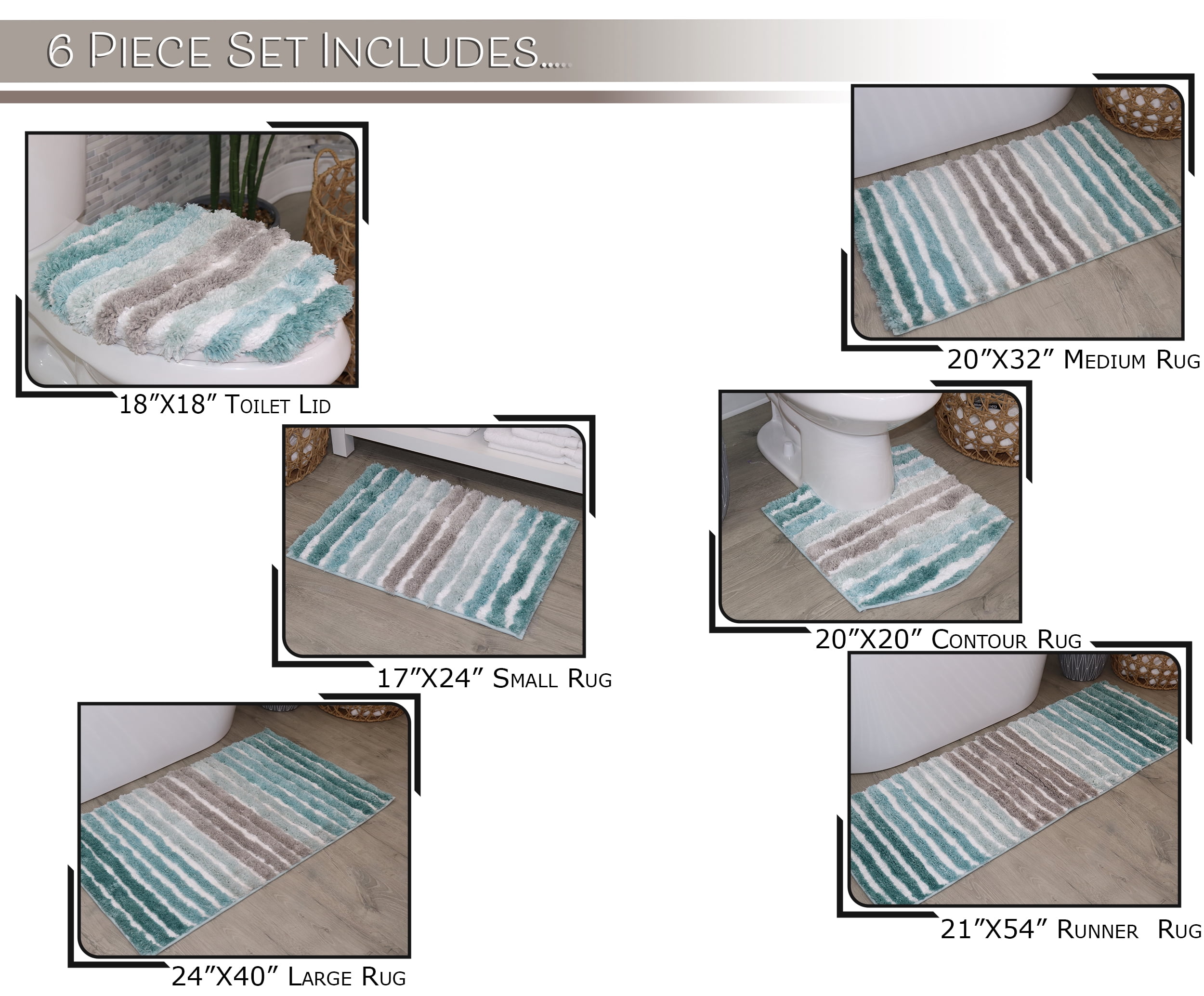 Bathroom Rugs Set of 6, Soft Microfiber Bath Mats, Absorbent & Quick Drying, Non-Slip Rubber Backing, Machine Washable Bathroom Floor Mats for Tub, Shower, Sink, Toilet Turquoise