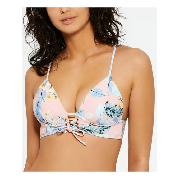 HULA HONEY Women's Pink Floral Lace Front Push-Up Deep V Neck Tie Moana Swimsuit Top S