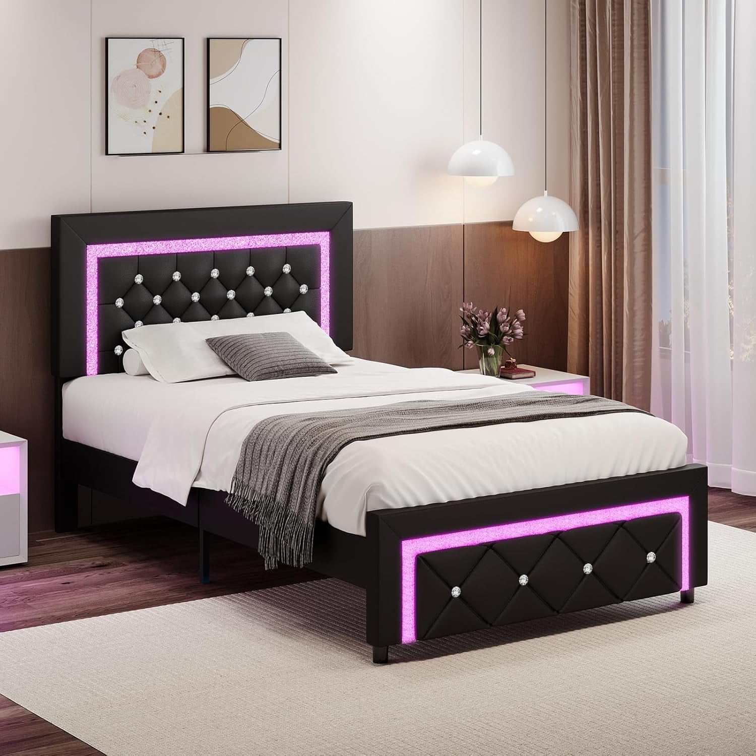 4 EVER WINNER Twin Size LED Bed Frame with Headboard，Upholstered Platform Bed Frame with LED Lights，Diamond Tufted Headboard and Footboard，Black