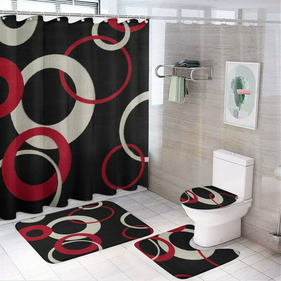 Geometric Circle Stripe 4Pcs Shower Curtain Set Shower Curtain Set with Carpet Bath Mat