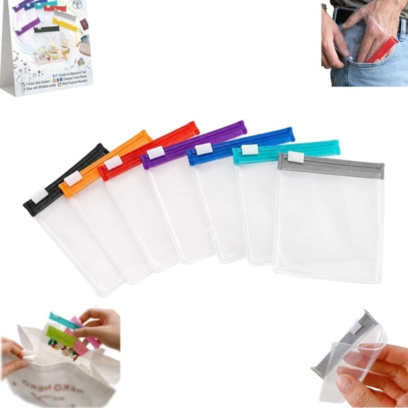 7 Day Reusable Pill Pouch Set, Color Coded Clear Medicine Storage Bags with Slide Lock, BPA Free TSA Approved Travel Pill Containers for Vitamins & Medication