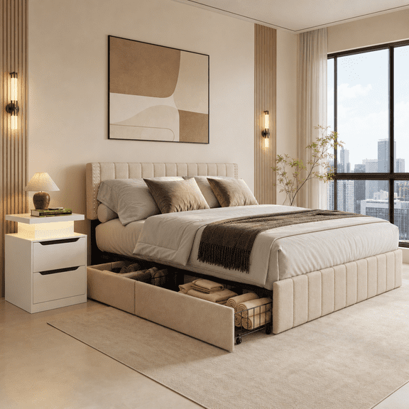 Modern Bedroom Set, Upholstered Bed Frame with 4 Storage Drawers & Adjustable Headboard, Noise-Free Slats, No Box Spring, Plus LED Nightstand with USB/Type-C Charging & RGB Lights, Beige