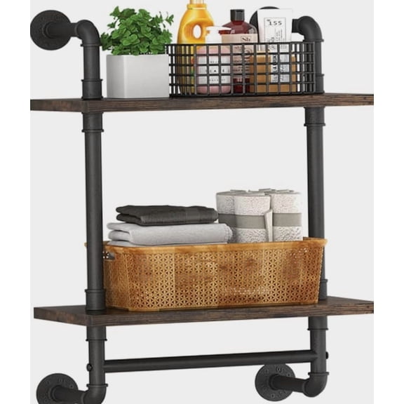2 Tier Industrial Pipe Floating Bathroom Shelves Wall Mounted with Towel 16 Inch, Brown