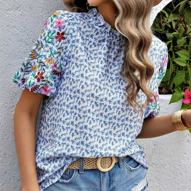 Fiudx Ofertas Flash Artículos En Oferta Blusa de Manga Corta con Cuello Alto y Estampado Informal para Mujer a La Moda
