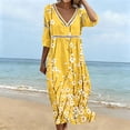 thumbnail image 4 of Ayolanni Fall Dresses for Women Floral V-Neck 3/4 Sleeve A-Line Maxi Dress Vacation Casual Cotton Flowy Long Dress Yellow XXL, 4 of 6