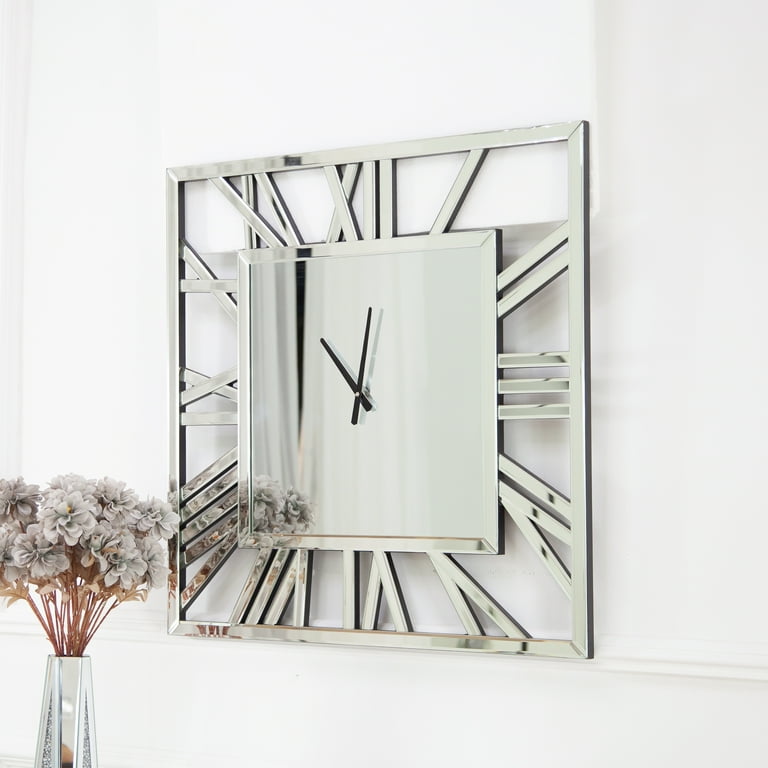 JTWALCLOCK Large Wall Clock For Living Room Decor Crystal Crush Diamond Mirrored Sparkle Twinkle Bling Modern Wall Clock Big Silver Mirror Home Decorative 20 Inch Silent Clock For Indoor Decor