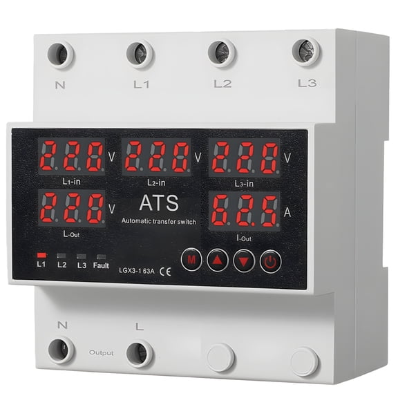 ATS Automatic Transfer Switch for Generator, 63A 3-Phase Voltage and Current Display, Over-Voltage, Over-Current, Under-Voltage Protection, Easy Installation for Home and Commercial Use