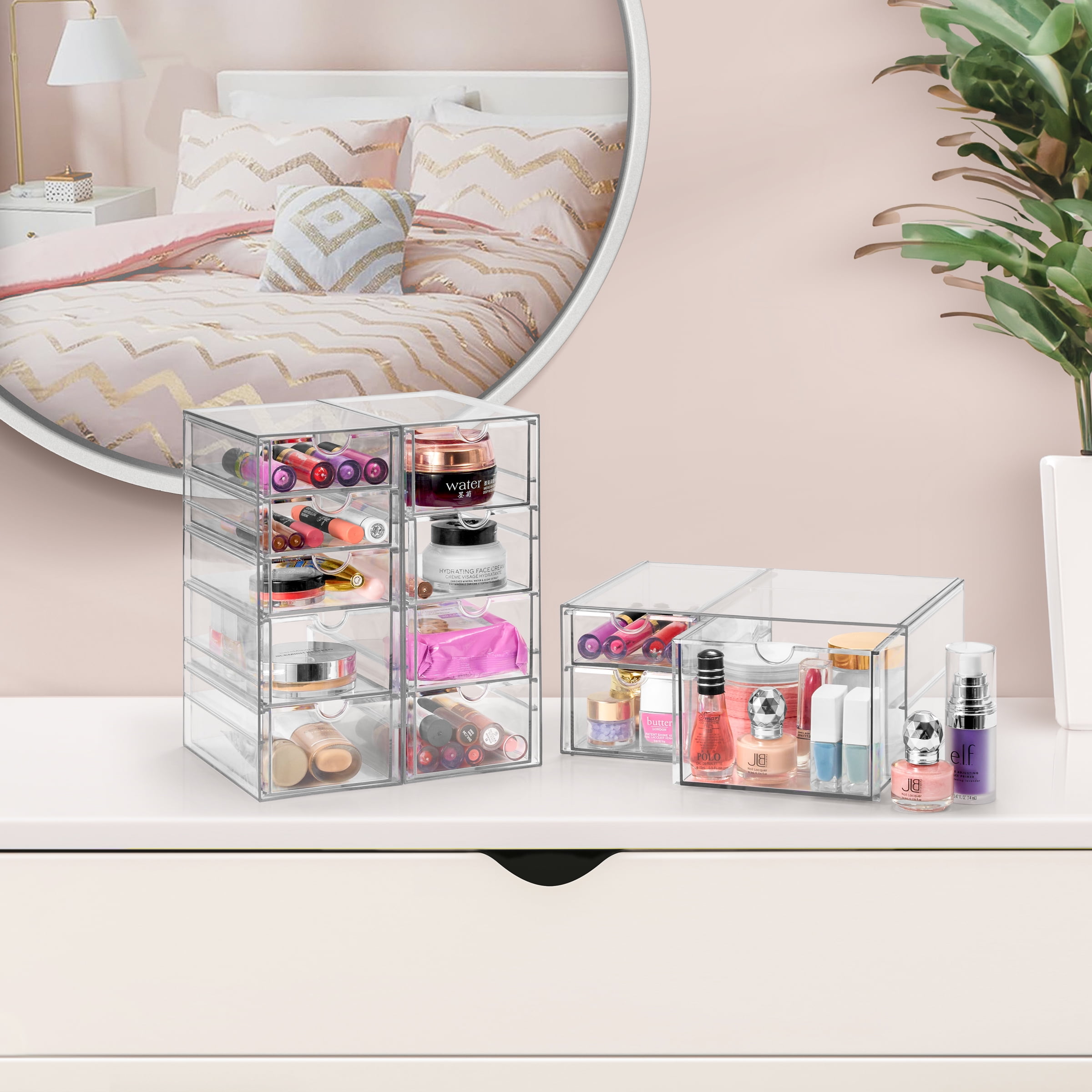 Sorbus 3-Piece Clear Acrylic Makeup Organizer with 12 Drawers, Stackable Storage Bins