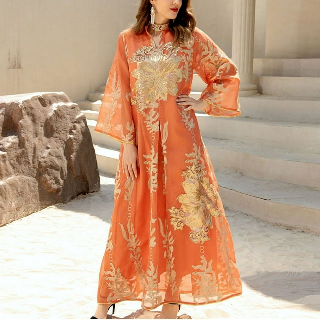 mtvxesu Robes Grande Taille, Robe à Imprimé de Mode Arabe pour Femmes Musulmanes à Manches Longues à Col Rond, Mini Robes