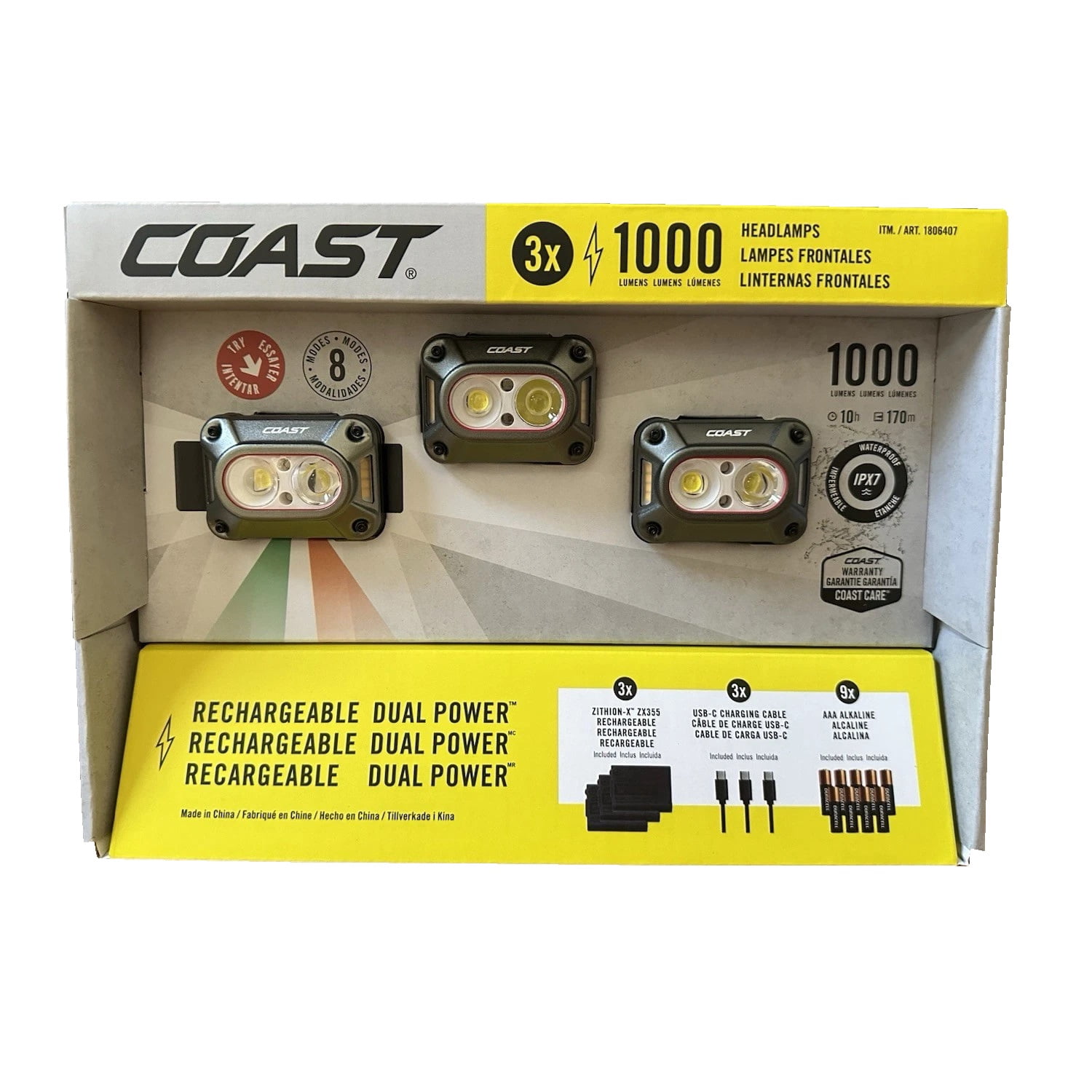 Coast CH1000R Rechargeable Dual Power Headlamps, 1,000L (Pack of 3)