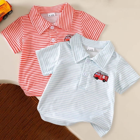Tshirts for Kids Boys Cartoon Embroidered Stripe Lapel Short Sleeve Polo Baby Tees Light Blue 6-12 Months