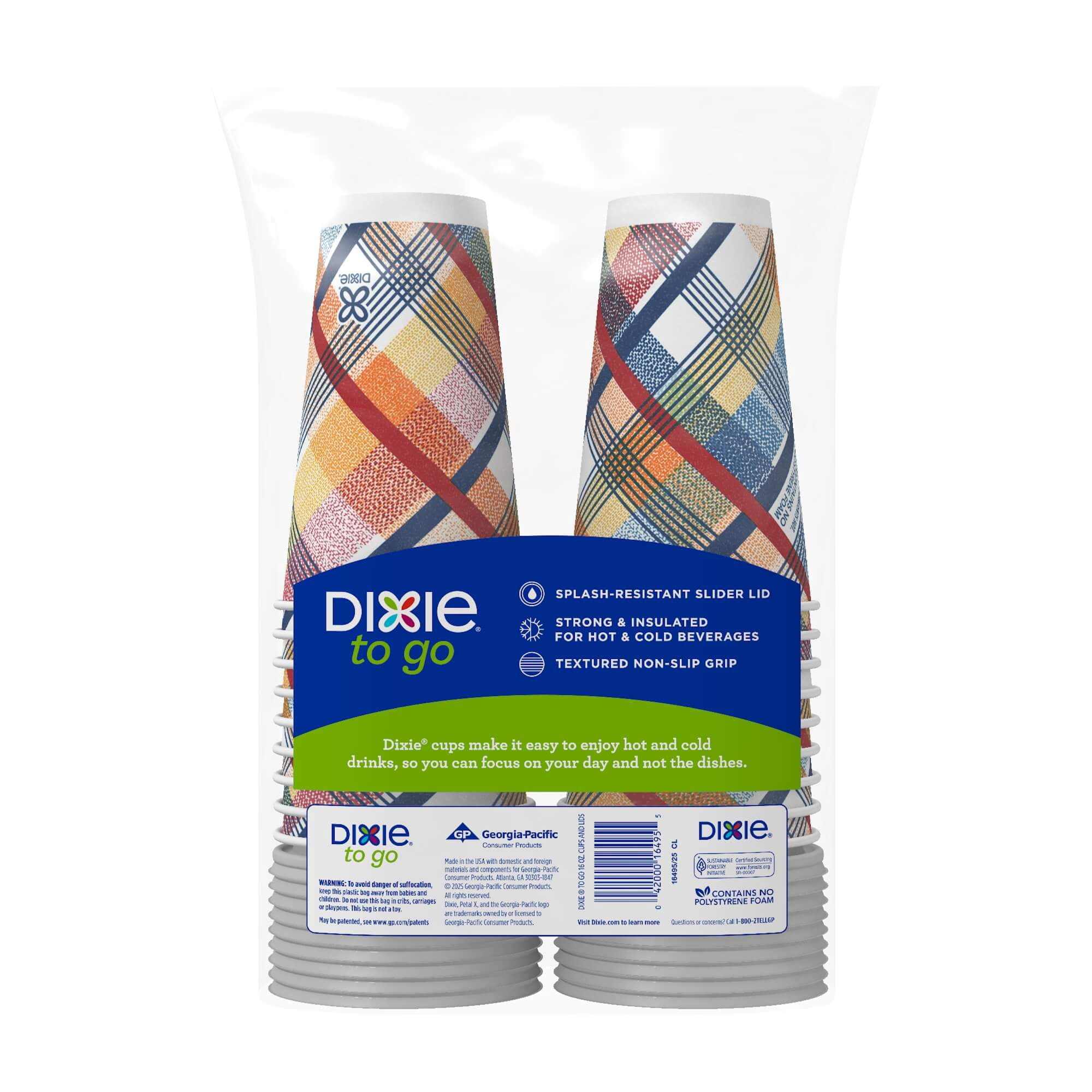 Dixie To Go 16 oz Disposable Paper Cups with Slider Lid, Cozy Plaid, 18 Count