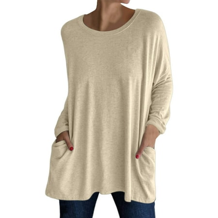 Women s T-Shirts Long Sleeve Crew Neck Solid Top with Pockets Comfortable and Versatile for Everyday Wear