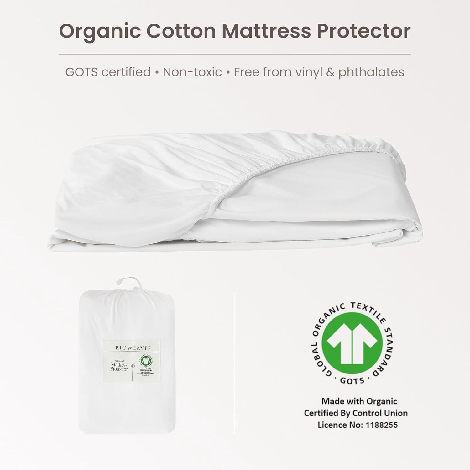 Bioweaves Organic Waterproof Mattress Protector – GOTS Certified Organic Cotton Crib Mattress Cover with Breathable Piqué Weave top Layer – 20 Inch Deep Pocket, White