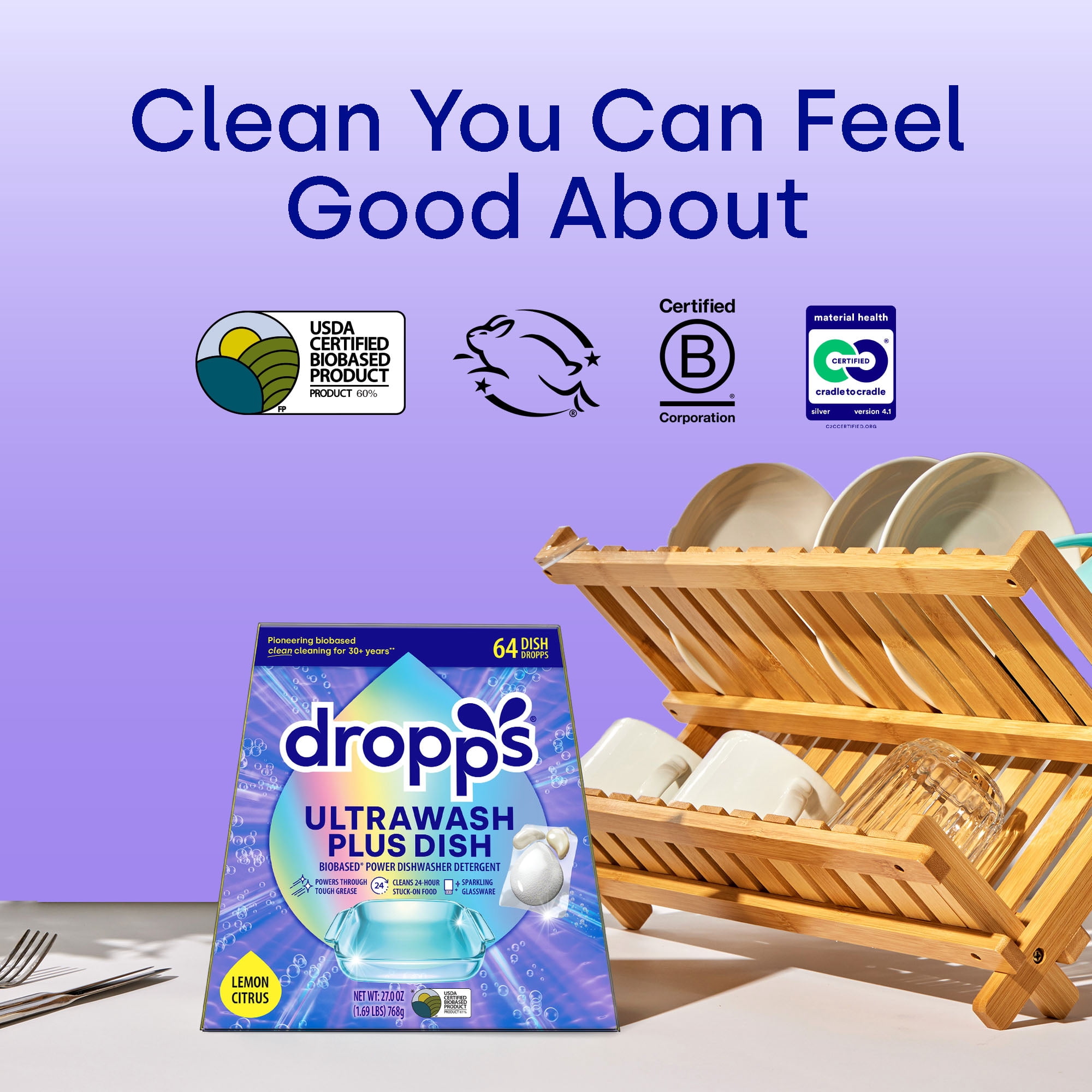 Dropps Dishwasher UltraWash Plus Detergent Pods, Biobased, Lemon Citrus, 64 Ct