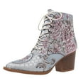 thumbnail image 3 of Women's Ethnic Embroidered Combat Boots Vintage Lace up Pointed Toe Chunky High Heel Short Dress Ankle Booties, 3 of 9