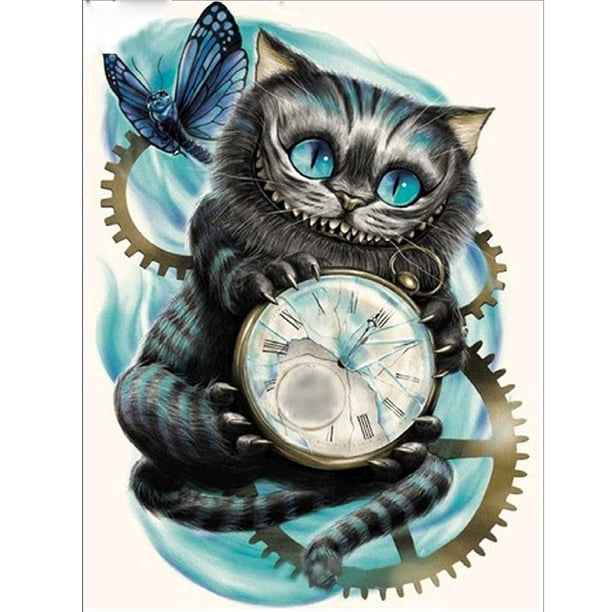 Kit de pintura de diamantes 5D DIY con números en lienzo, reloj de gato, pintura de diamantes 5D DIY, pintura de diamantes de gato (sin marco)