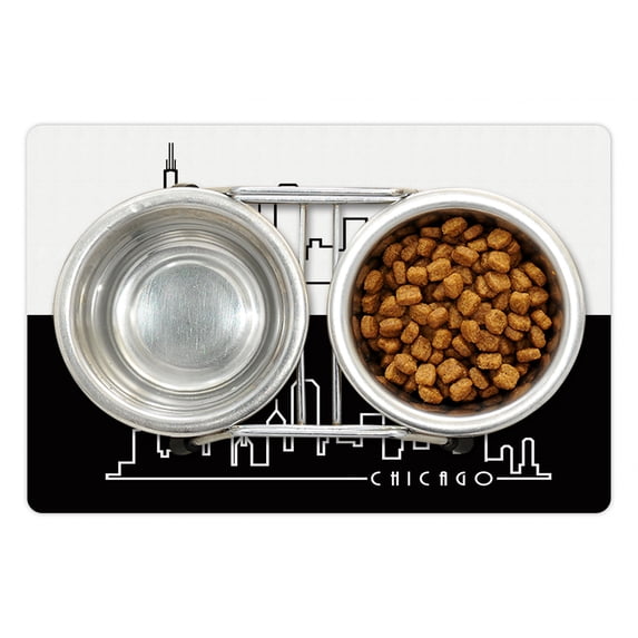 Chicago Skyline Pet Mat for Food and Water, Minimalist Style Urban Plan View City Chart Sketch American Abstract, Non-Slip Rubber Mat for Dogs and Cats, 18" X 12", by Ambesonne