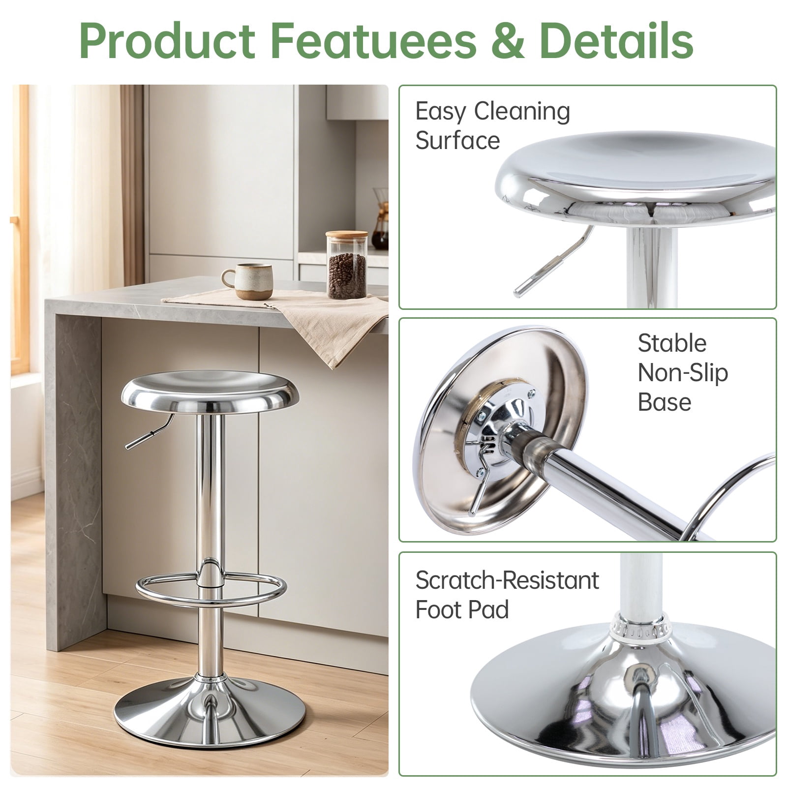 Single Silver Bar Stool, Adjustable 360° Swivel Counter Height Bar Stool, Industrial Backless Metal Bar Chair for Kitchen Island with Footrest