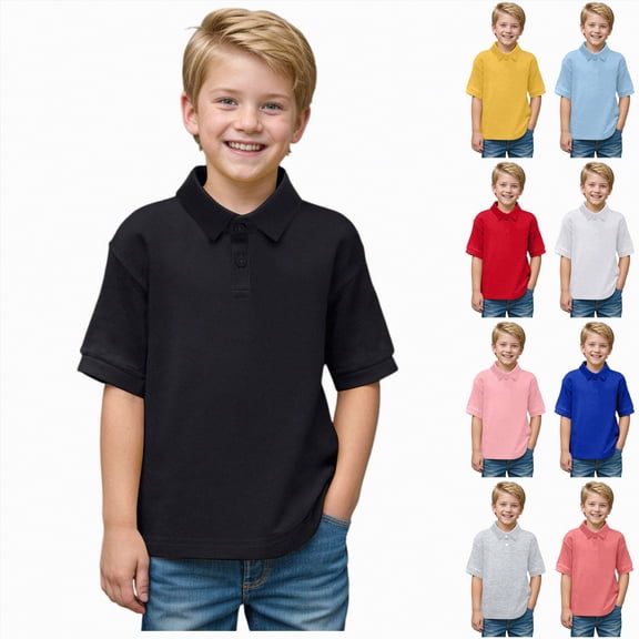 YDFCWXW Boy's Polo Shirt - Short Sleeve Regular Fit Classic Top Solid Casual 2 Button Collared T Shirts (White, 5-6 Years)