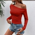 thumbnail image 4 of XRoczxe Women Off Shoulder Long Sleeve Top Ruched Slim Fit Solid Blouse Soft Stretch Casual Shirt, Can Be Worn Alone or Layered, 4 of 6