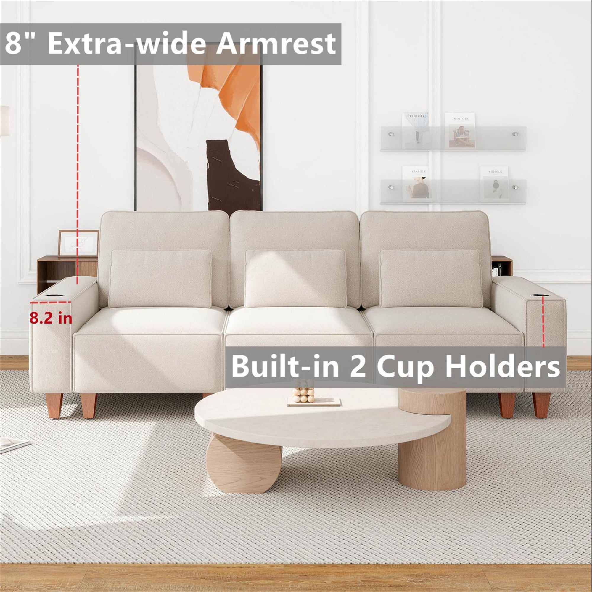 Aukfa 3 Piece Sofa Set - 99" Oversized 3 Seat Couch with Cup Holders&Pillows, Chenille, Beige