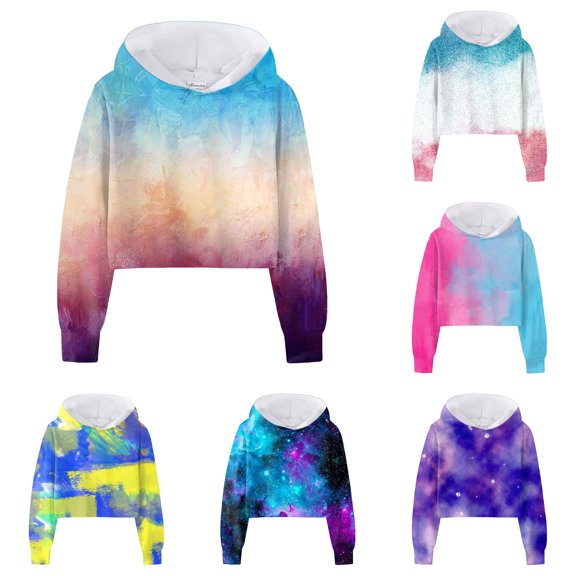 VOUZZA Hoodies and Girls Tie Dye Print Long Sleeve Cropped Pullover Sweatshirt, Casual Hooded Sweater Top for Boys and Girls, Everyday Long Sleeve Kids Top