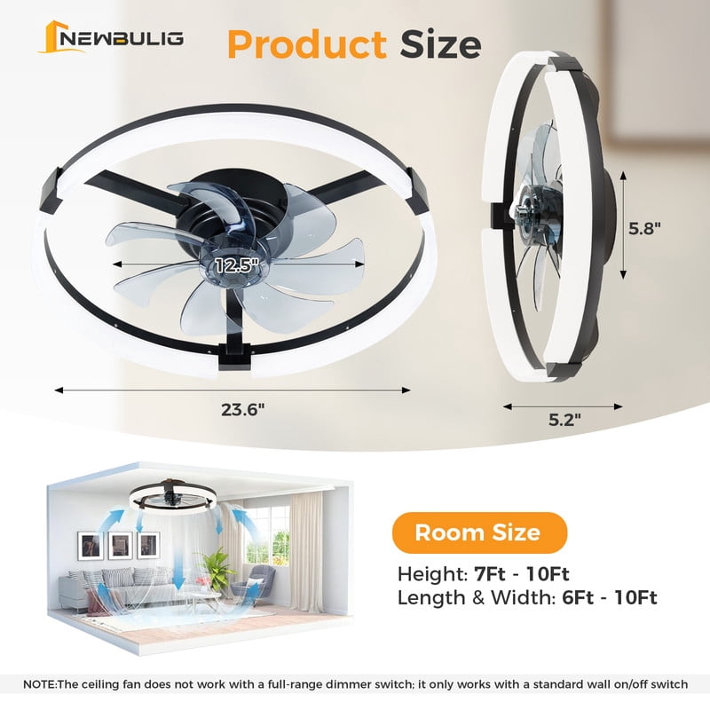 Gianna 23.6 Inch Ceiling Fans with Lights, Ceiling Fan, Low Profile Fandelier, 3000K-6500K Dimmable LED Flush Mount for Living Room, 6-Speed Reversible, App Control, Black