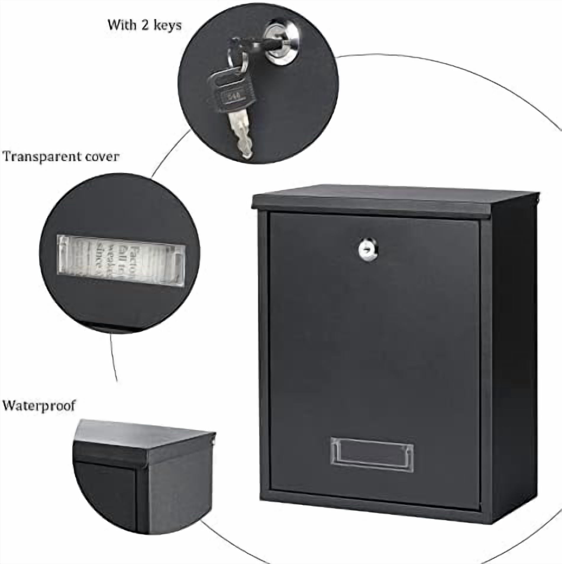 Locking Mailbox Wall Mount Key Lock Drop Box Large Capacity with Galvanized Steel Cover and Rust-Proof Metal Post Box, Black Matt, SM-0702LK,Medium