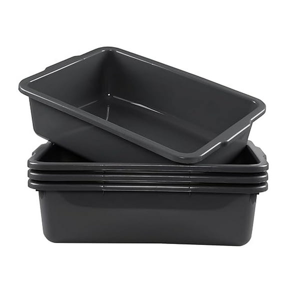 Large Bus Tubs 4-Pack, 35L Rectangular Dishpans - Grey Plastic Wash Basins for Restaurants, Homes & More