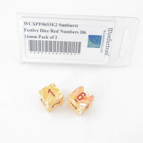Sunburst Festive Dice with Red Numbers D6 Aprox 16mm (5/8in) Pack of 2 Wondertrail