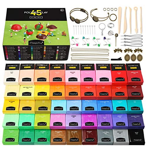 Magicfly Polymer Clay Starter Kit, 45 Colors Oven Bake Clay With 5 Modeling Tools And 40 Jewelry Accessories, Safe And Nontoxic Diy Baking Clay Blocks