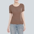 thumbnail image 2 of Chuancc Women Built-in Bra T Shirt Top Short Sleeve Crew Neck Basic Tees Casual Ribbed Knit Fitted Going Out Tops Coffee L, 2 of 9