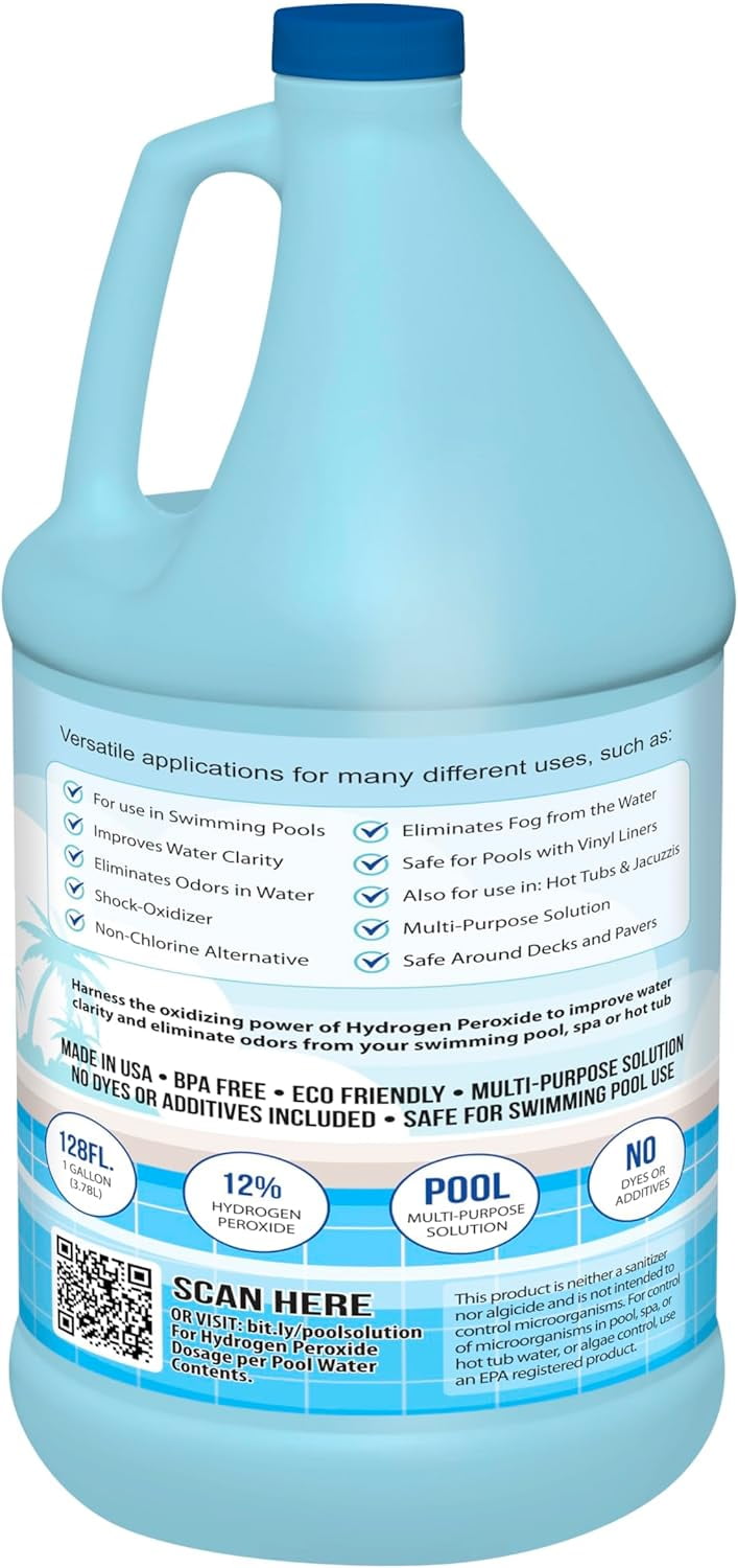 Nature's Freedom 12% Hydrogen Peroxide Pool Shock and Spa Oxidizer, Non-Chlorine Water Treatment for Pools, Spas, Hot Tubs and Cold Plunges, 1 Gallon