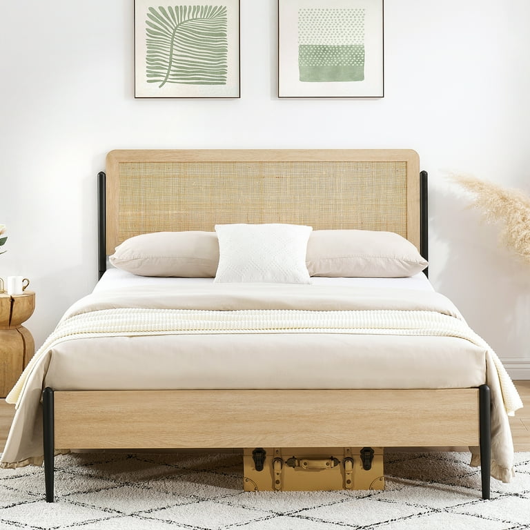 Double Bed Frame Metal Bed Frame Rattan Double Bed with Curved Rattan Headboard Platform Bed Frame Solid Metal Slat Supports No Box Spring Required No Noise Full White Oak Walmart